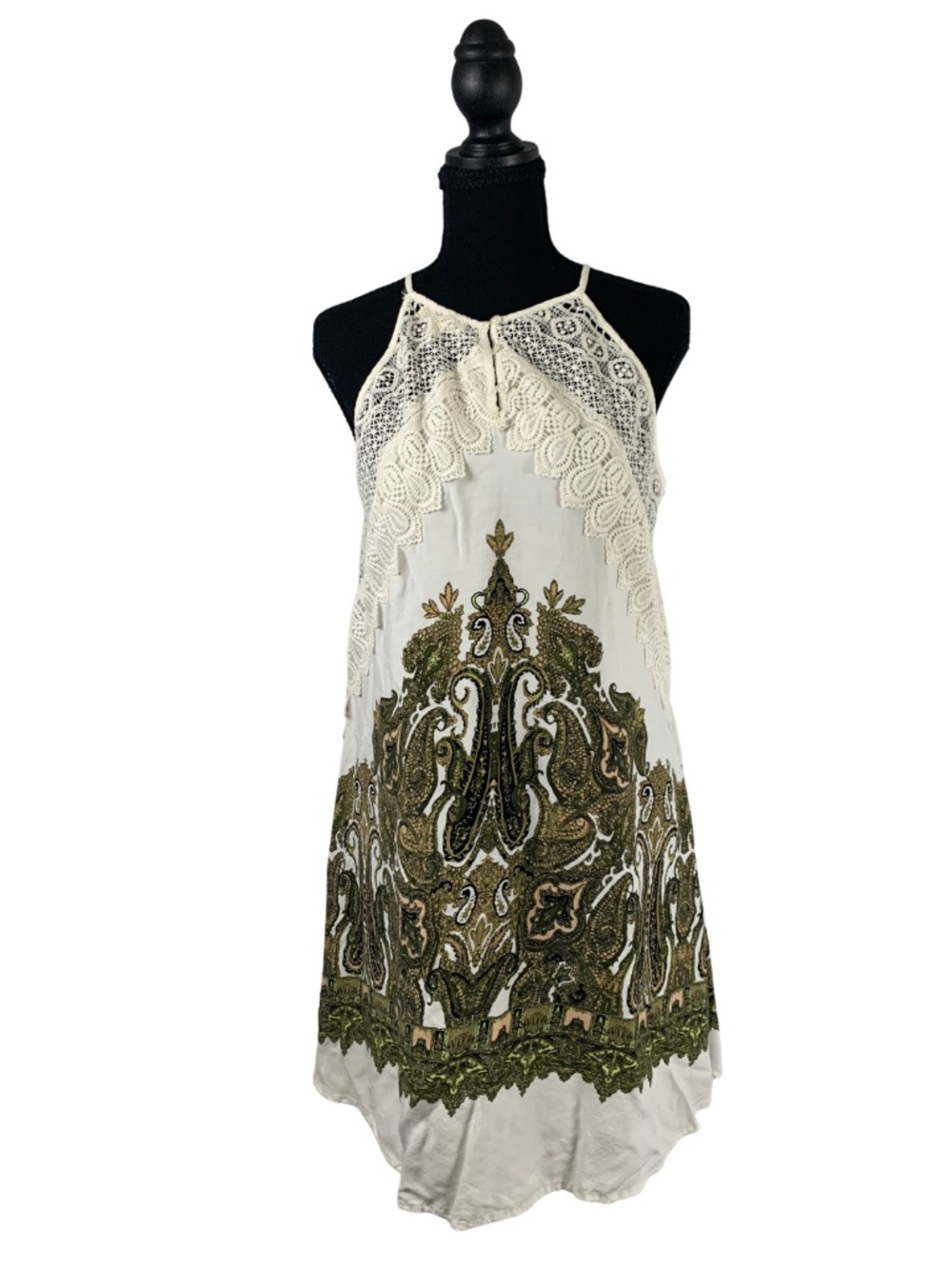 Indigo Rose Paisley Geometric Halter Dress with Lace Accent Women M Bohemian